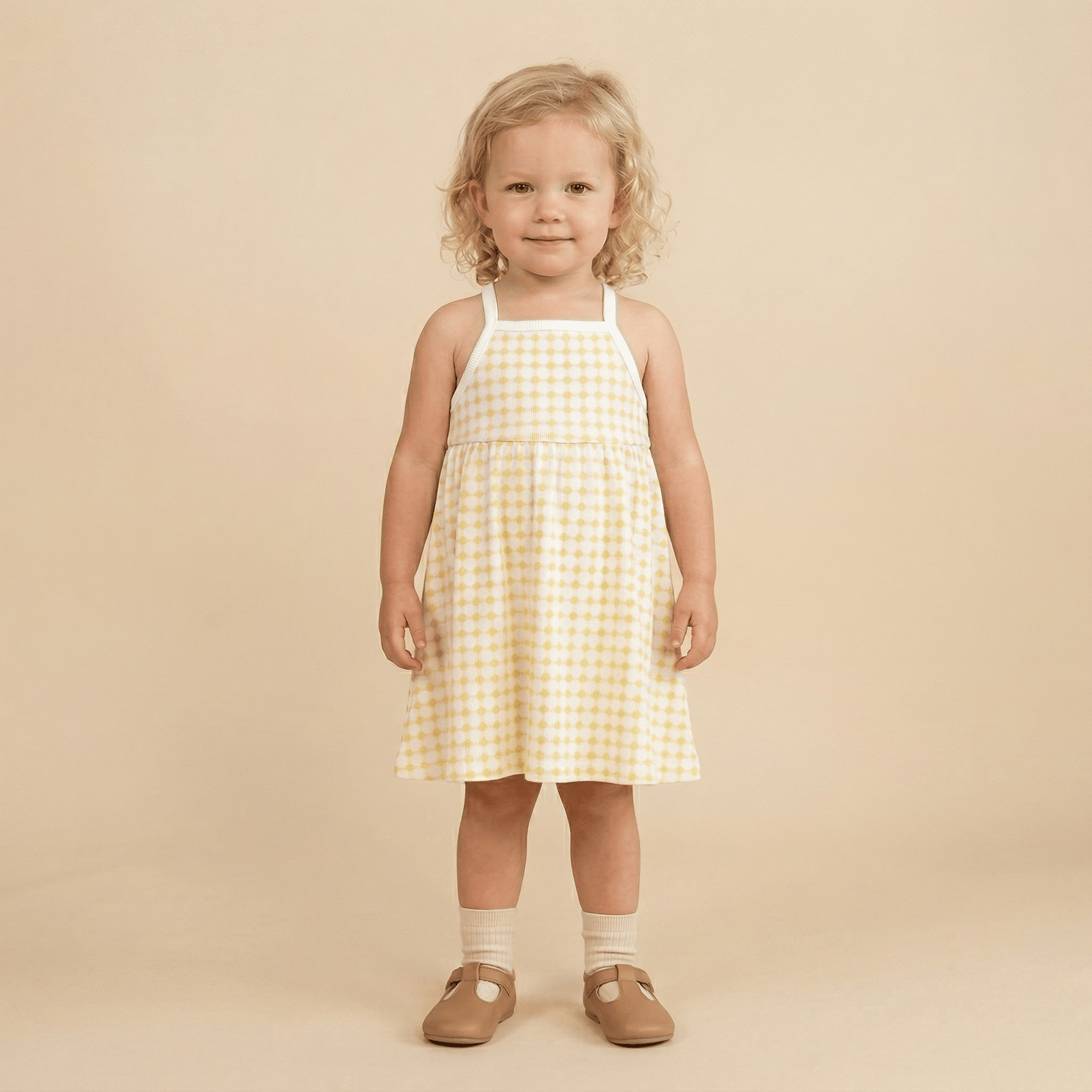 Organic Tie-Back Strap Dress - Dotty Gingham - Baby & Toddler Clothing, One-piece garment, Day Dress, Child, Blond | Everetts Place