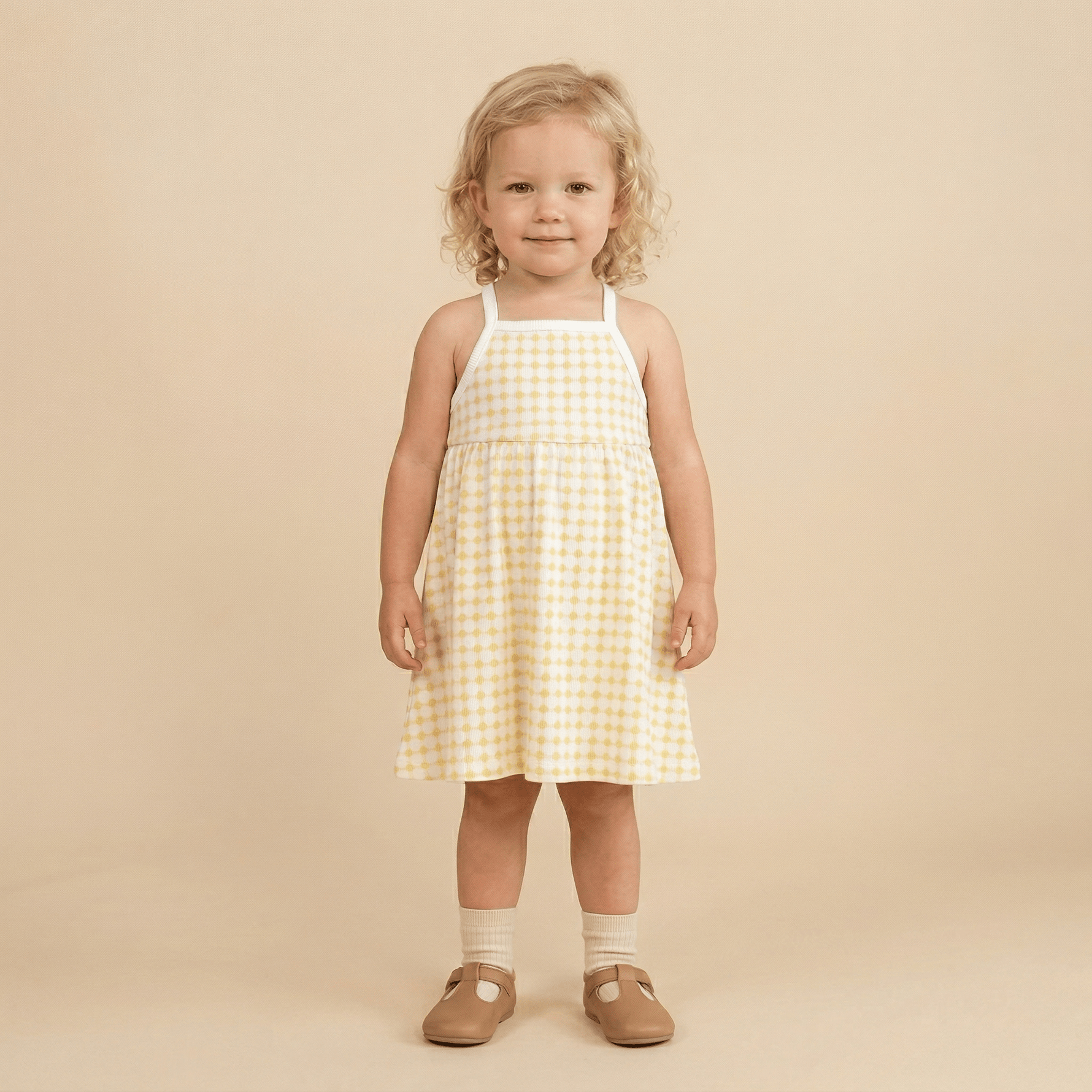 Organic Tie-Back Strap Dress - Dotty Gingham - Baby & Toddler Clothing, One-piece garment, Day Dress, Child, Blond | Everetts Place