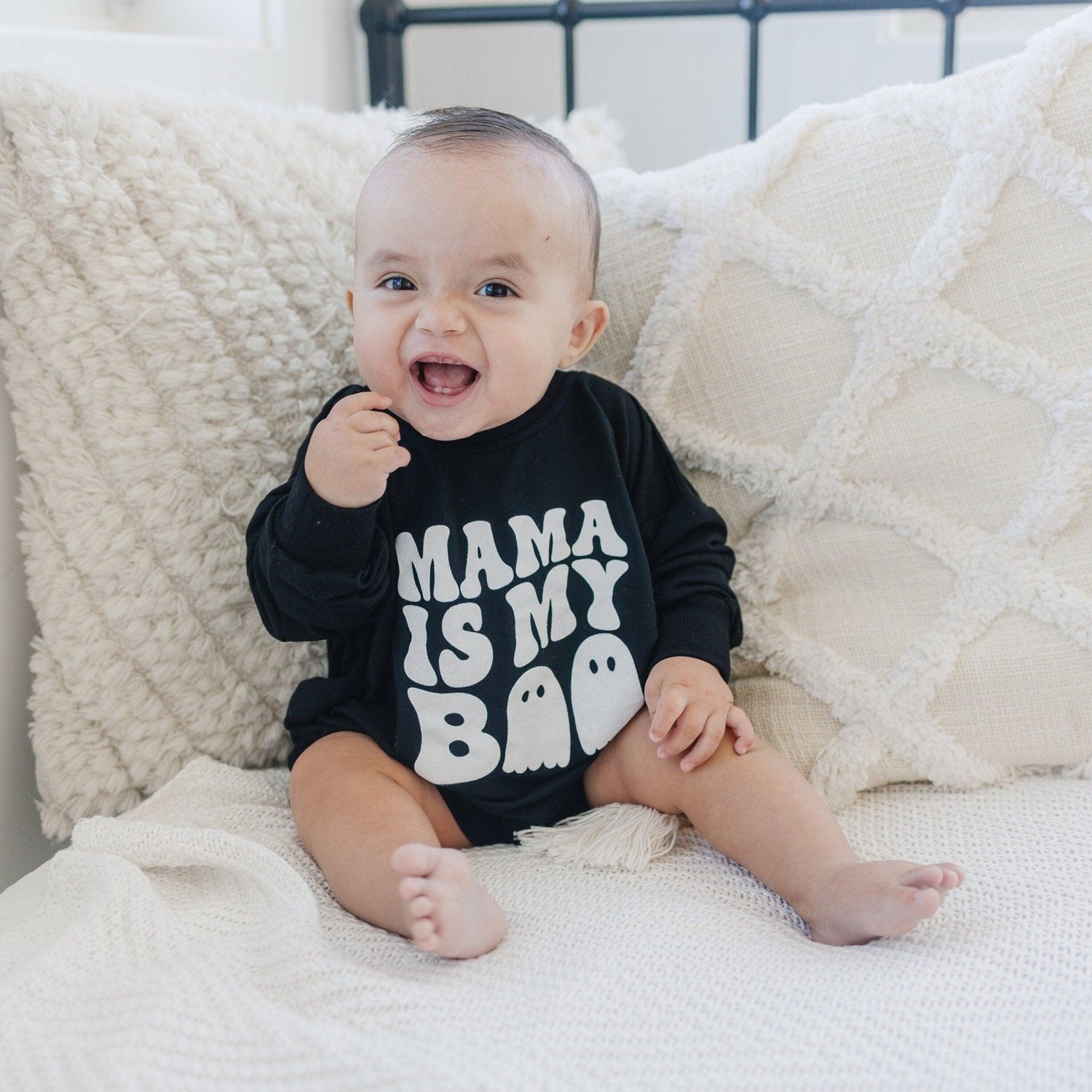 Long-sleeve bamboo bubble romper with "Mama Is My Boo" text across the front and crotch snaps.