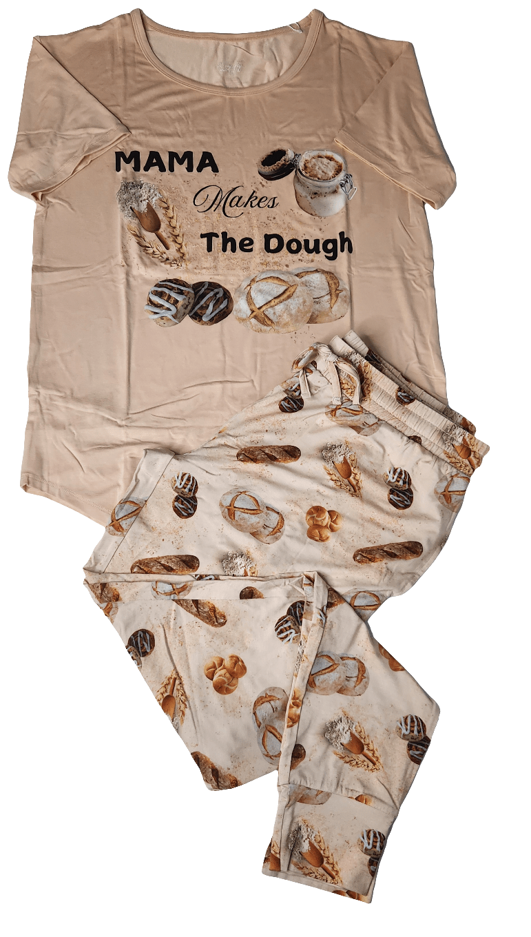 Women's two-piece pajama set with short-sleeve top and long jogger pants with pockets.