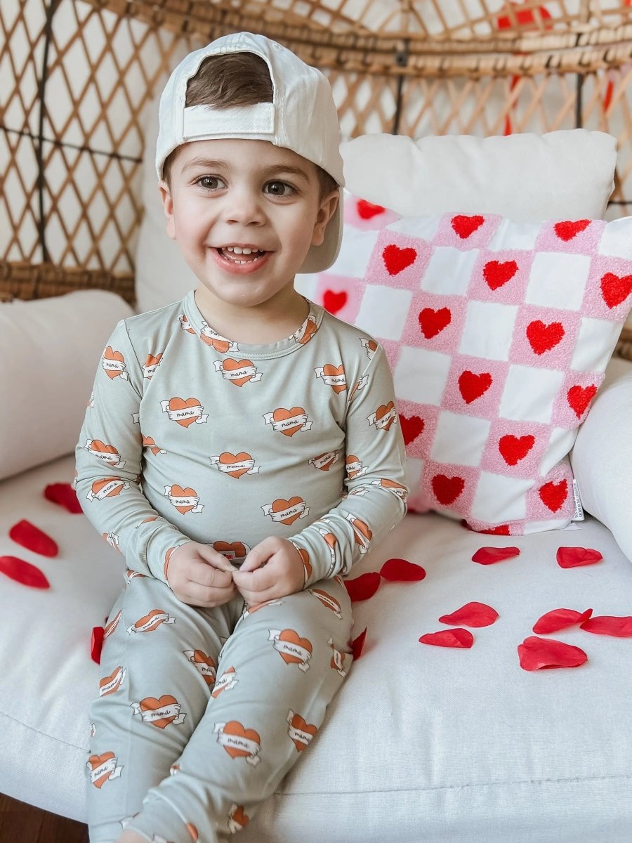 Little Joy Co. Mama Tattoo Hearts 2 Piece Bamboo Pajamas Set For Women - Everetts Place Boutique - 