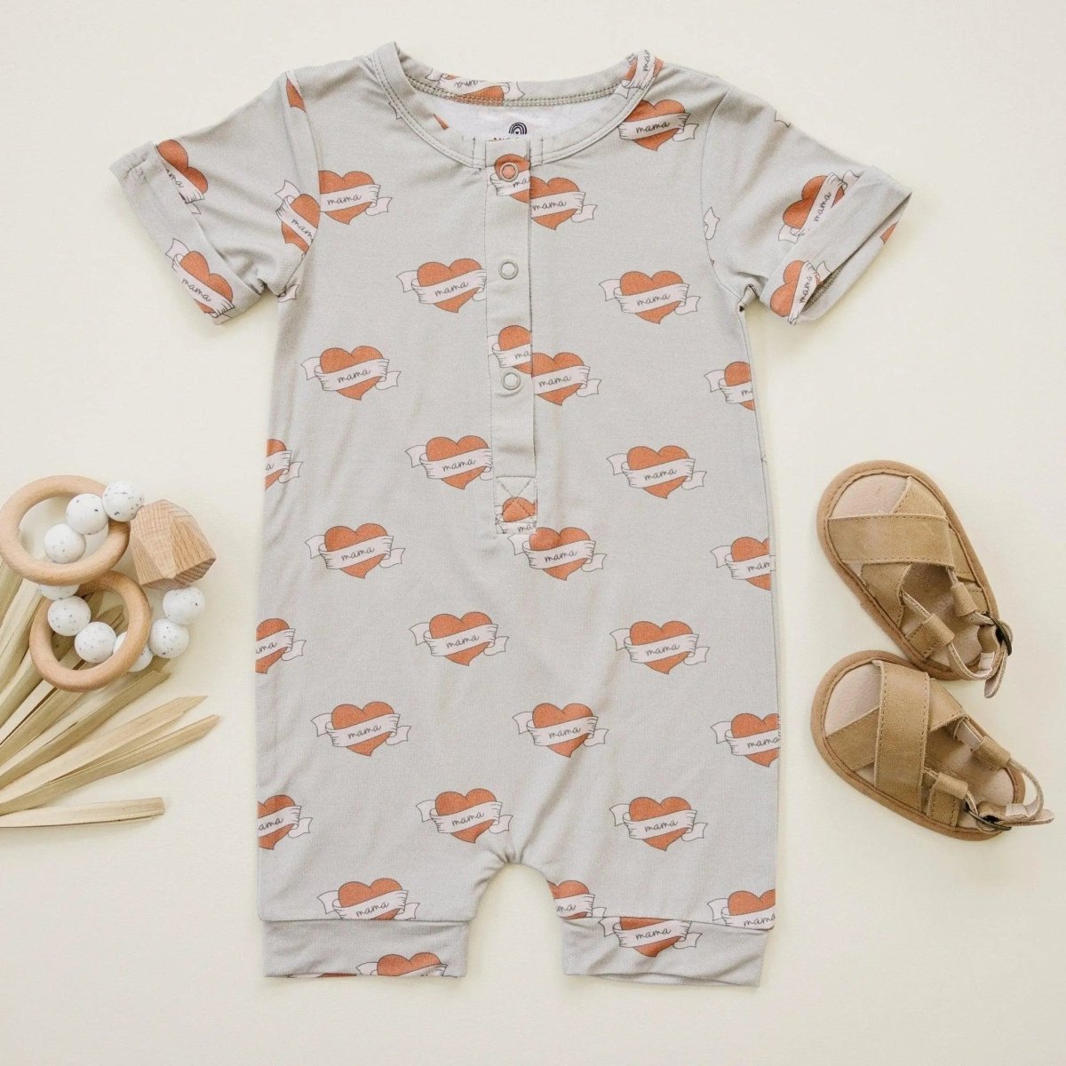 Little Joy Co. Mama Tattoo Hearts Bamboo Henley Romper for Babies - Everetts Place Boutique - 