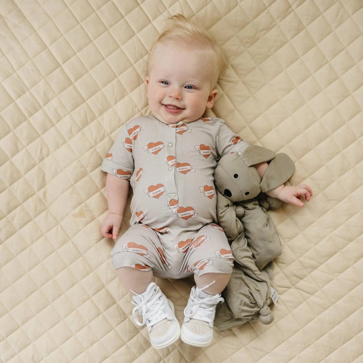 Little Joy Co. Mama Tattoo Hearts Bamboo Henley Romper for Babies - Everetts Place Boutique - 