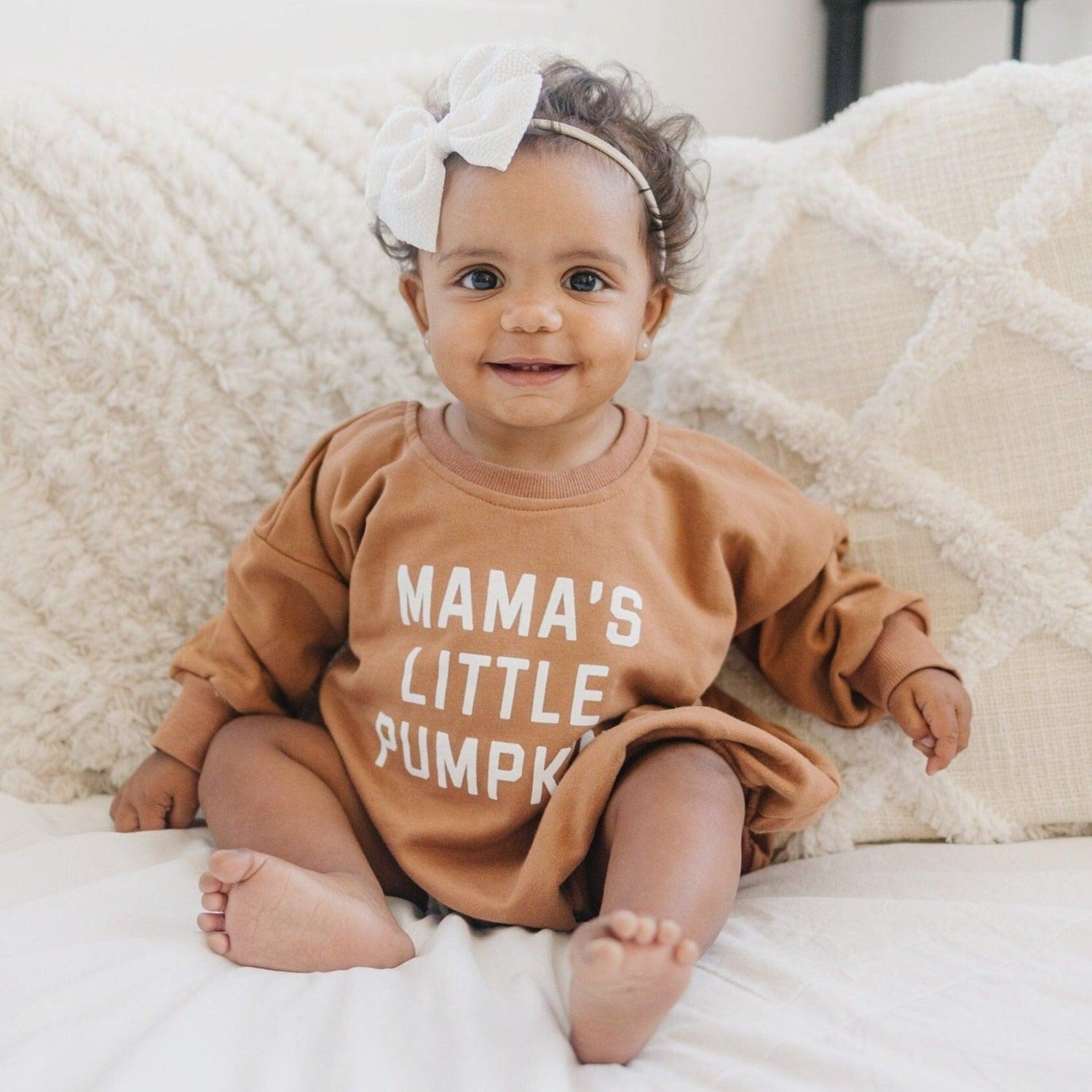 Sweatshirt romper with "Mama's Little Pumpkin" graphic in soft terry fabric