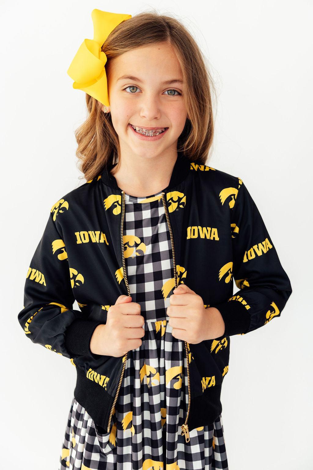 Black Iowa Hawkeyes jacket for girls with gold Tigerhawk logo on the front