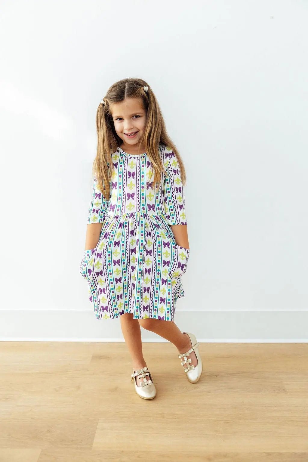 Mila & Rose ® Mardi Gras 3/4 Sleeve Pocket Twirl Dress - 
