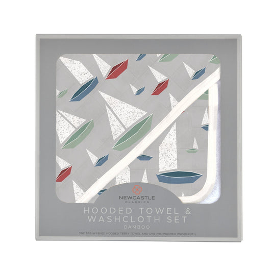 Marina Sailboats Bamboo Hooded Towel and Washcloth Set for Kids Newcastle Classics