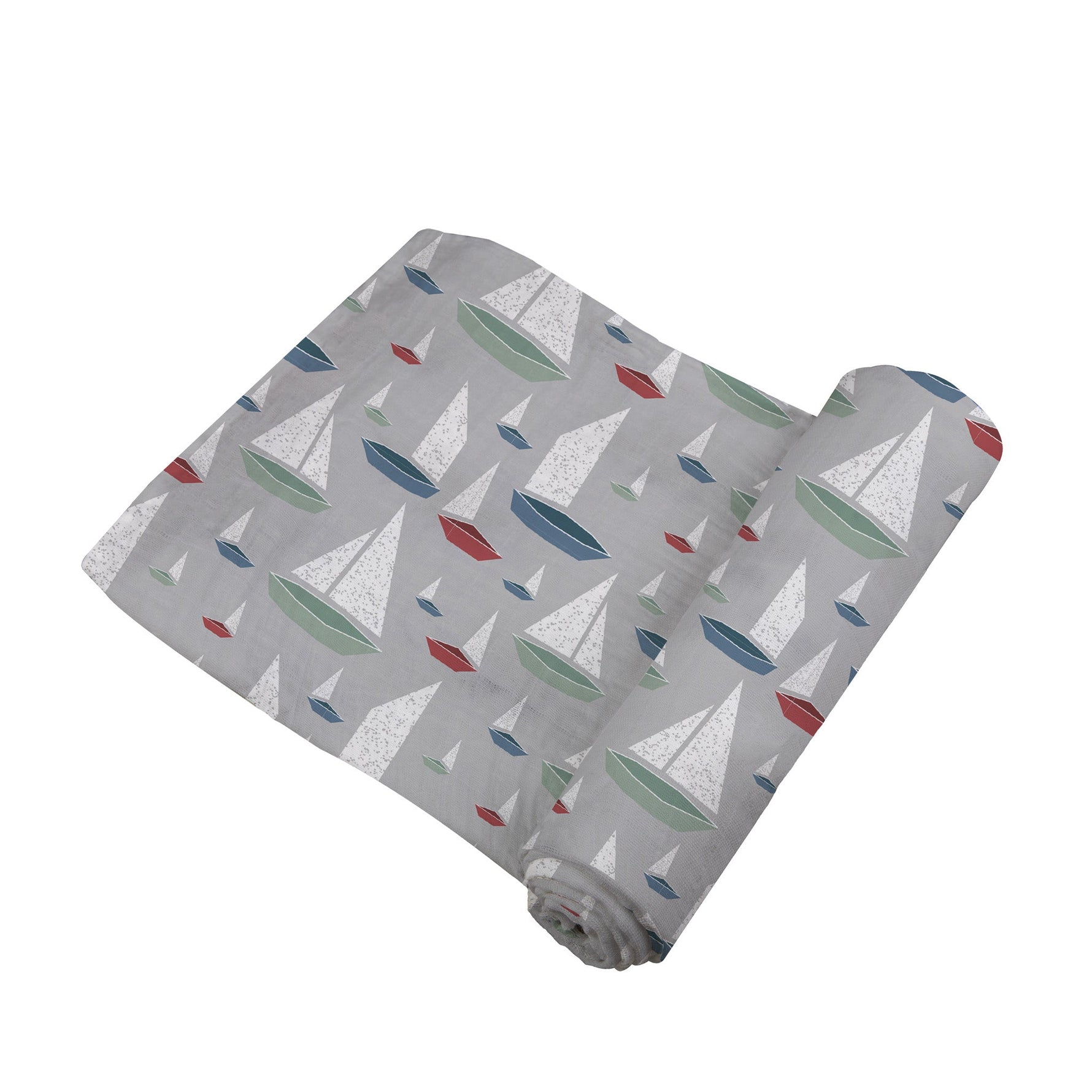 Folded Marina Sailboats organic bamboo baby swaddle blanket with blue and white sailboat print.
