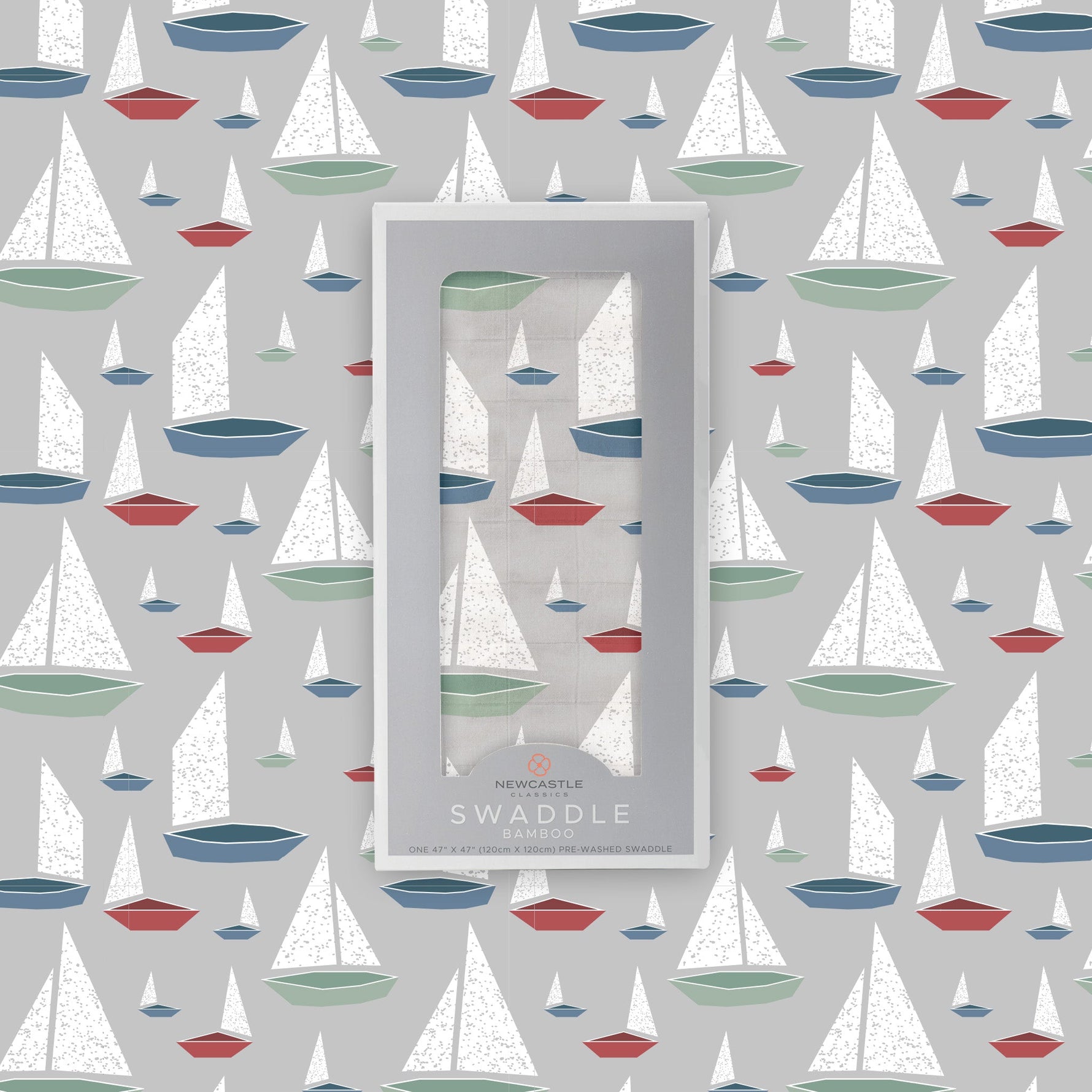 Folded Marina Sailboats organic bamboo baby swaddle blanket with blue and white sailboat print.