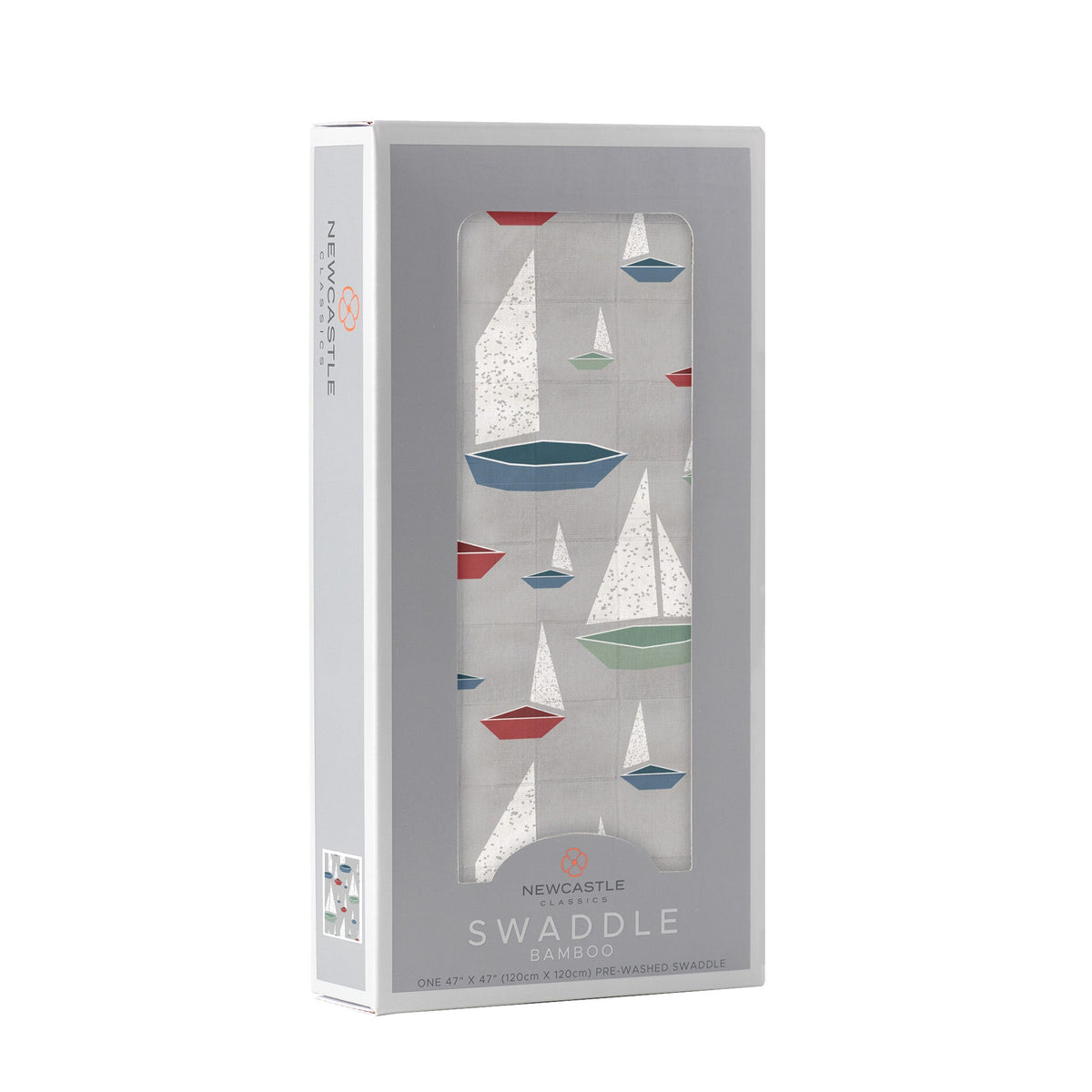 Folded Marina Sailboats organic bamboo baby swaddle blanket with blue and white sailboat print.