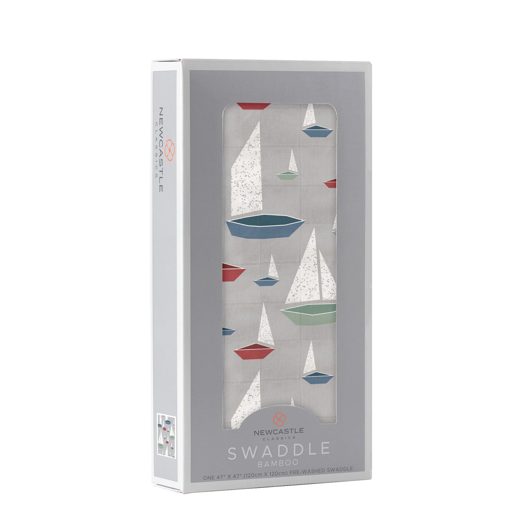 Folded Marina Sailboats organic bamboo baby swaddle blanket with blue and white sailboat print.