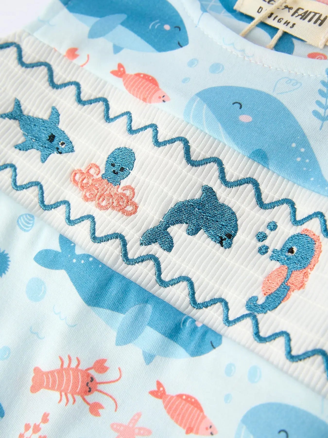 Rylee Faith Designs Marine Animal Smocked Embroidered Baby Boys Romper For Newborns Rylee Faith Designs 