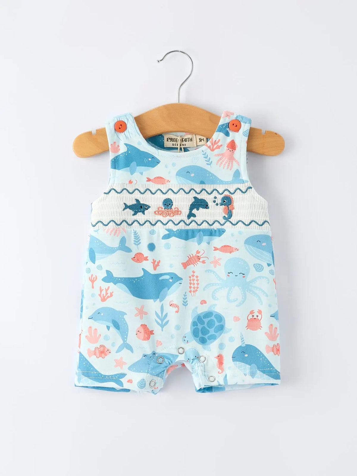 Rylee Faith Designs Marine Animal Smocked Embroidered Baby Boys Romper For Newborns Rylee Faith Designs 
