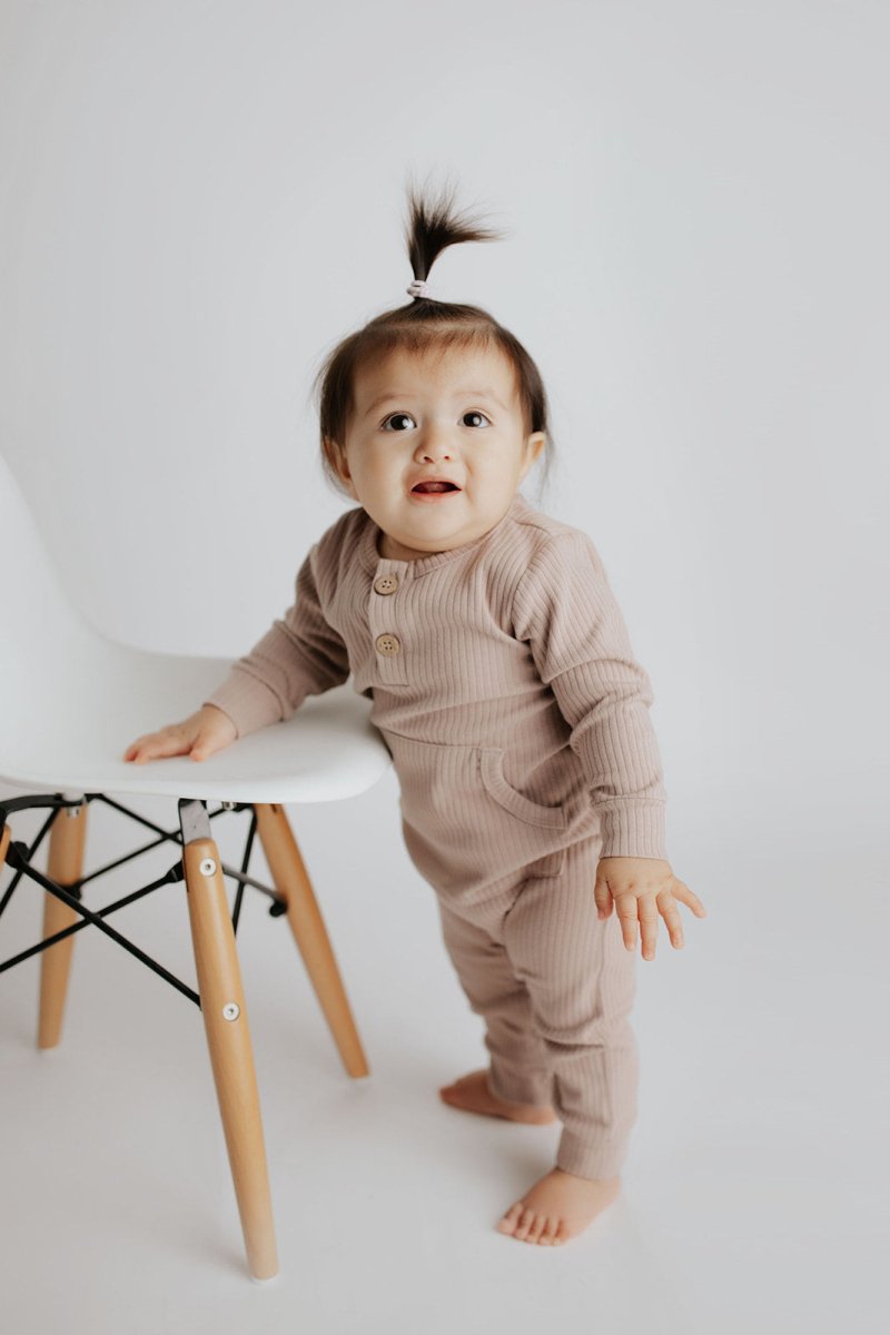 Three Little Tots Mauve Baby Ribbed Playsuit with pockets - 