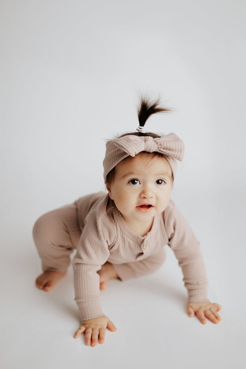 Three Little Tots Mauve Baby Ribbed Playsuit with pockets - 