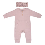 Three Little Tots Mauve Baby Ribbed Playsuit with pockets - 