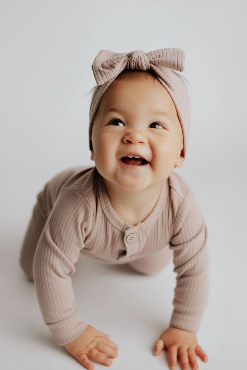 Three Little Tots Mauve Baby Ribbed Playsuit with pockets - 