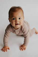 Three Little Tots Mauve Baby Ribbed Playsuit with pockets - 