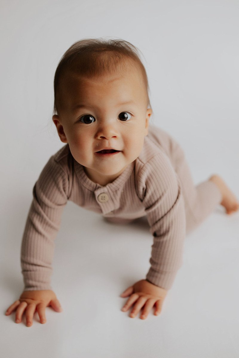 Three Little Tots Mauve Baby Ribbed Playsuit with pockets - 