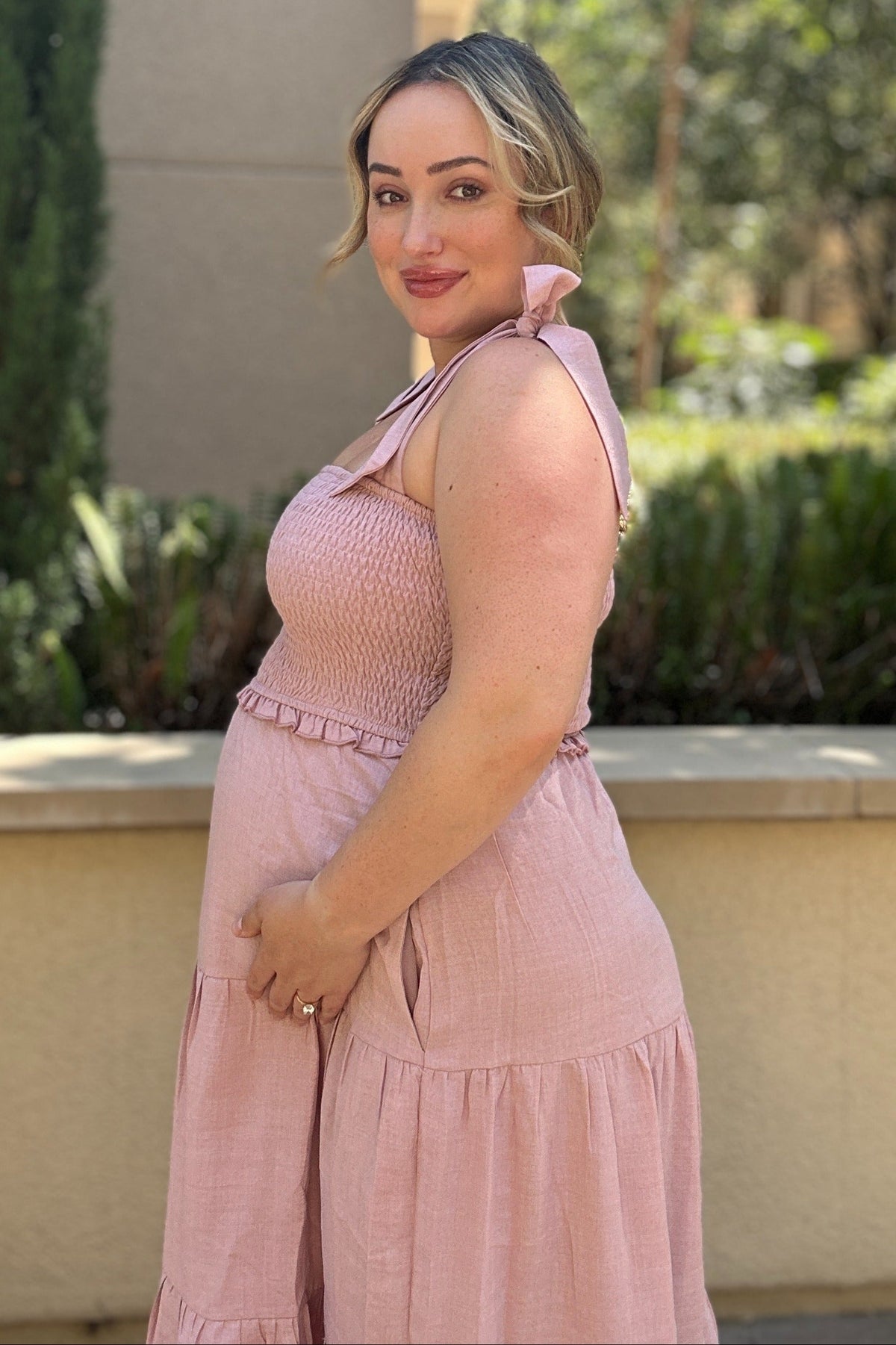 PinkBlush Mauve Bow Strap Tiered Maternity Midi Dress