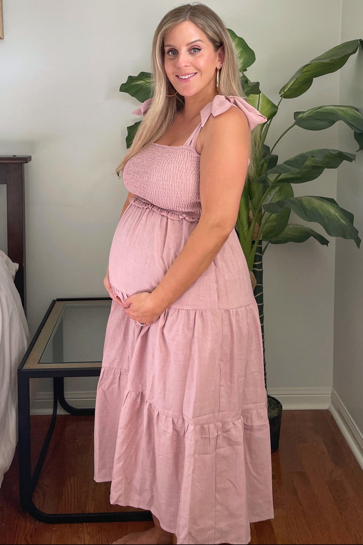PinkBlush Mauve Bow Strap Tiered Maternity Midi Dress