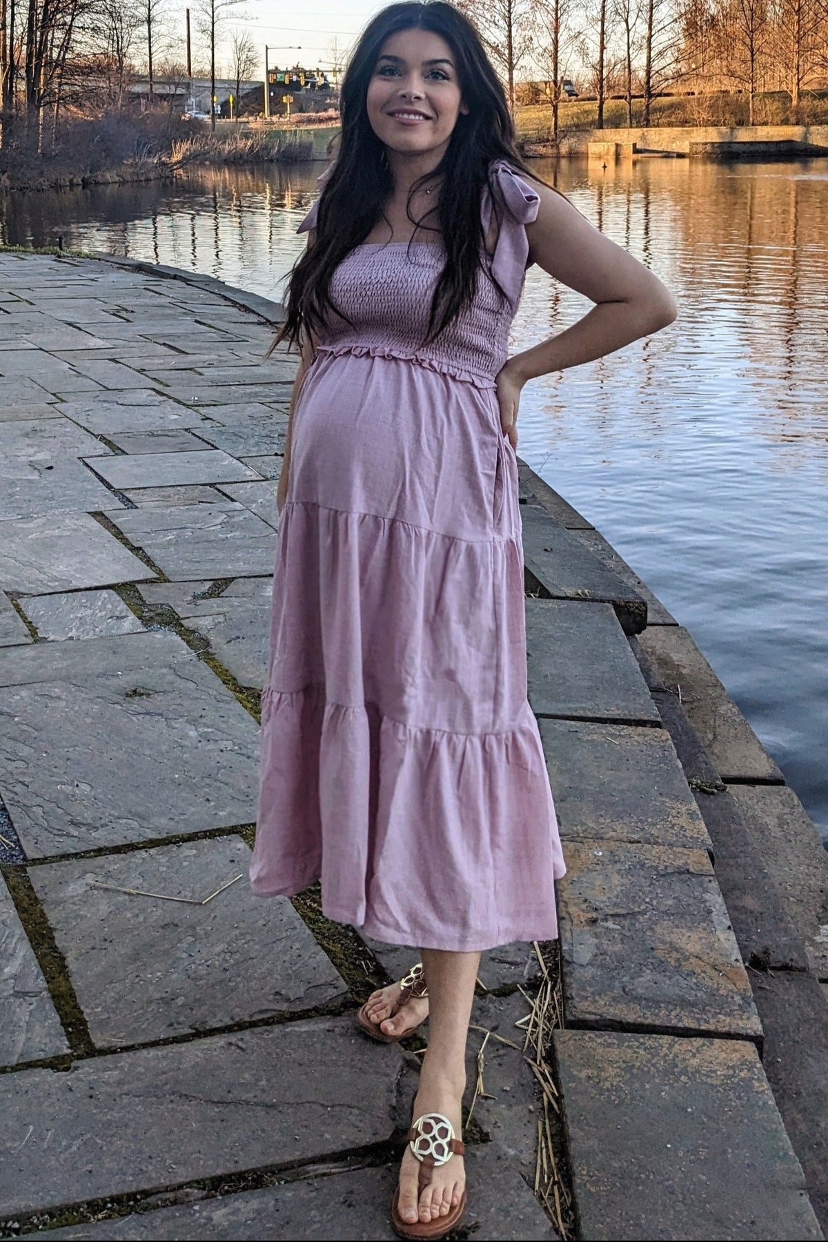PinkBlush Mauve Bow Strap Tiered Maternity Midi Dress