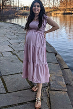 PinkBlush Mauve Bow Strap Tiered Maternity Midi Dress