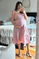 PinkBlush Mauve Bow Strap Tiered Maternity Midi Dress