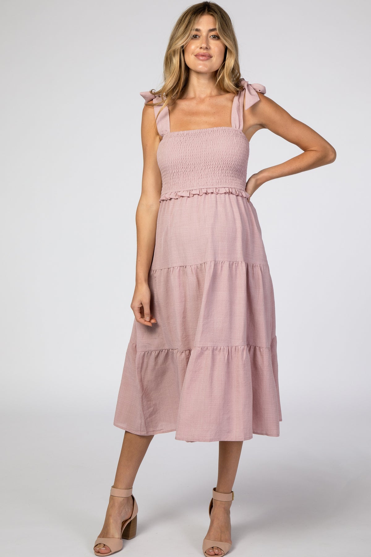 PinkBlush Mauve Bow Strap Tiered Maternity Midi Dress