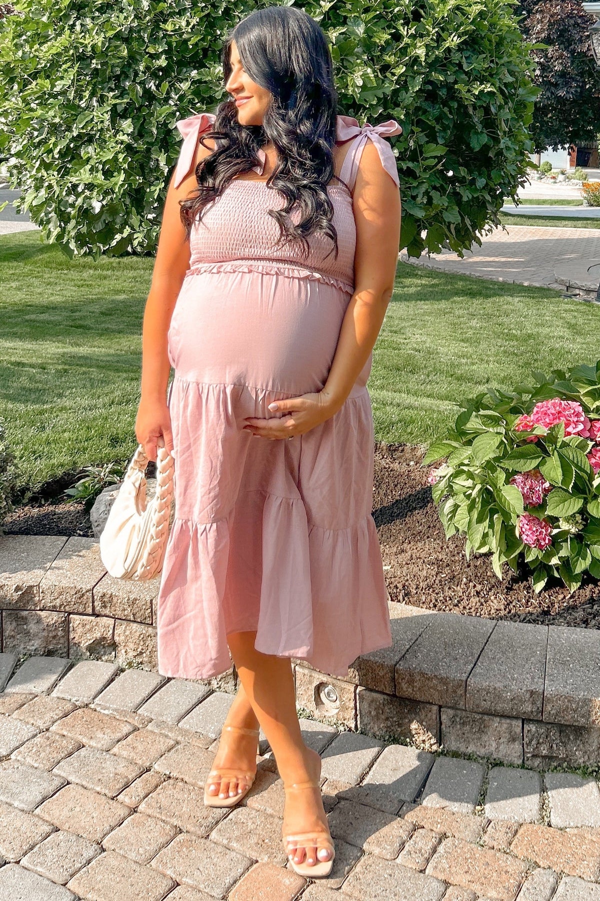 PinkBlush Mauve Bow Strap Tiered Maternity Midi Dress
