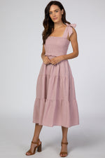 PinkBlush Mauve Bow Strap Tiered Maternity Midi Dress