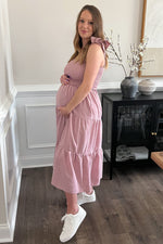 PinkBlush Mauve Bow Strap Tiered Maternity Midi Dress
