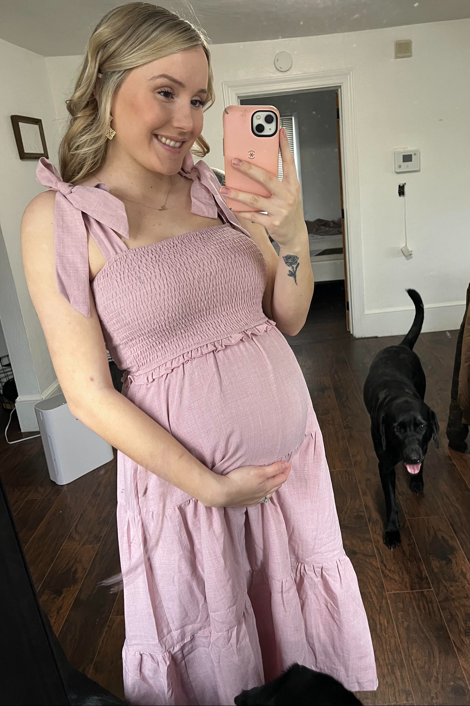 PinkBlush Mauve Bow Strap Tiered Maternity Midi Dress