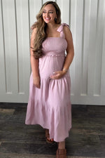 PinkBlush Mauve Bow Strap Tiered Maternity Midi Dress