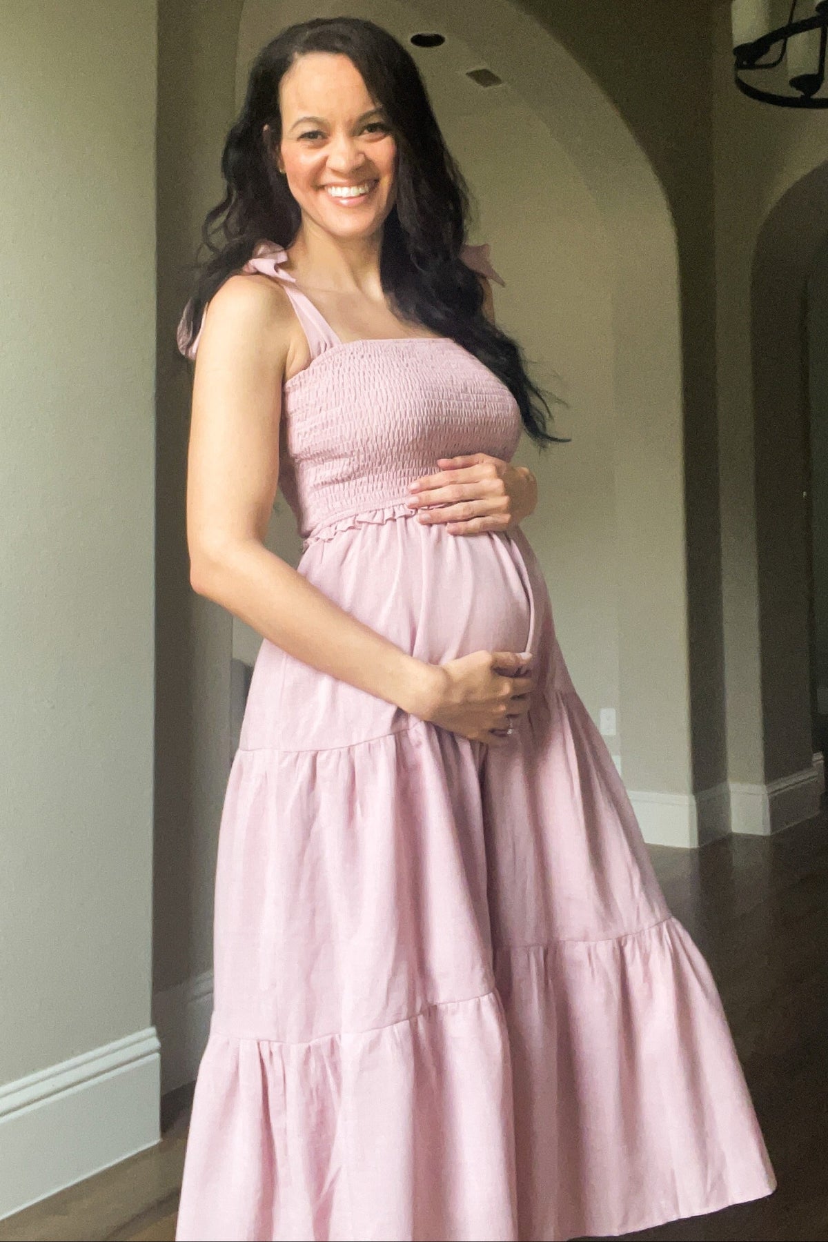 PinkBlush Mauve Bow Strap Tiered Maternity Midi Dress