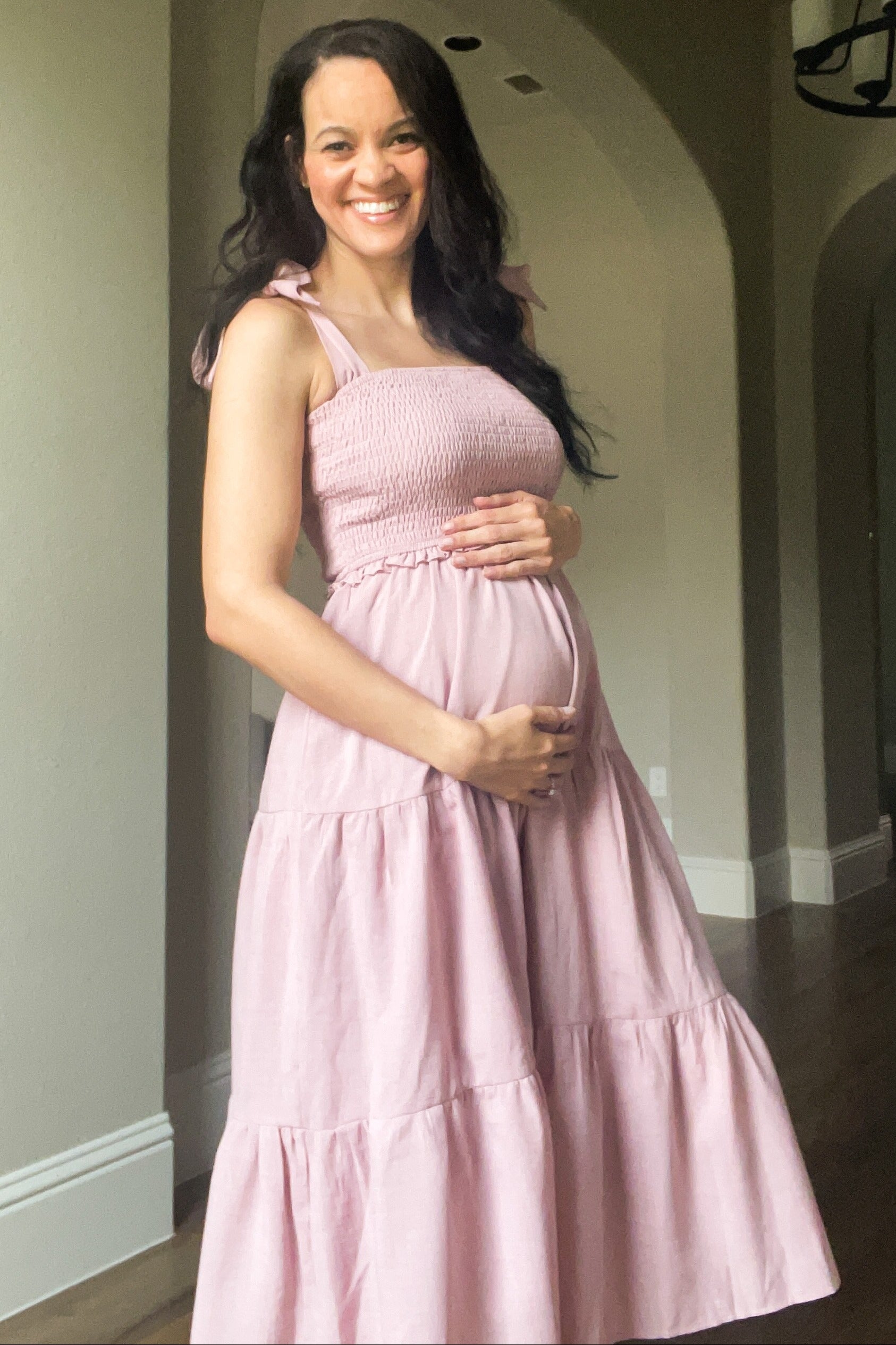 PinkBlush Mauve Bow Strap Tiered Maternity Midi Dress