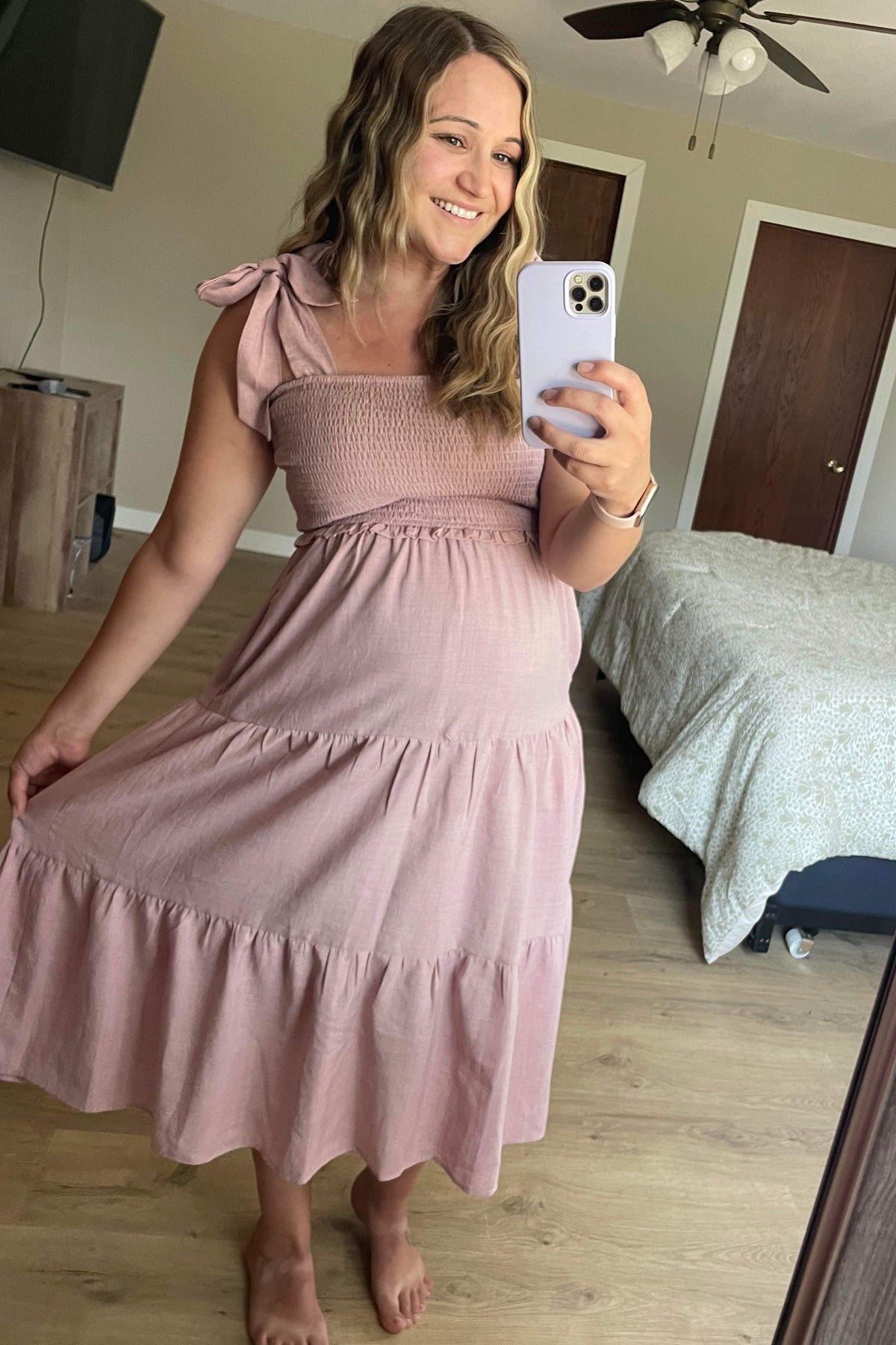 PinkBlush Mauve Bow Strap Tiered Maternity Midi Dress