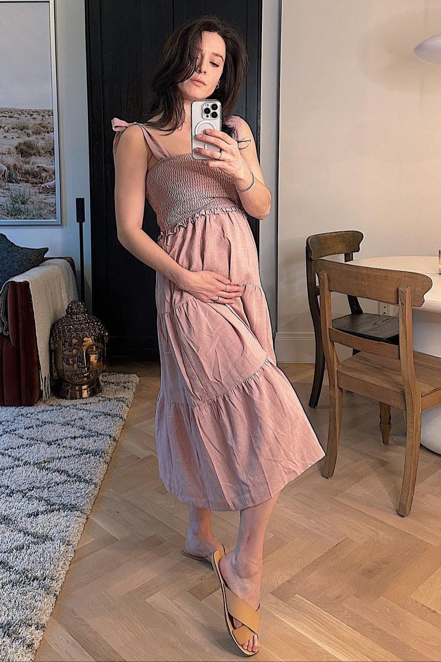PinkBlush Mauve Bow Strap Tiered Maternity Midi Dress