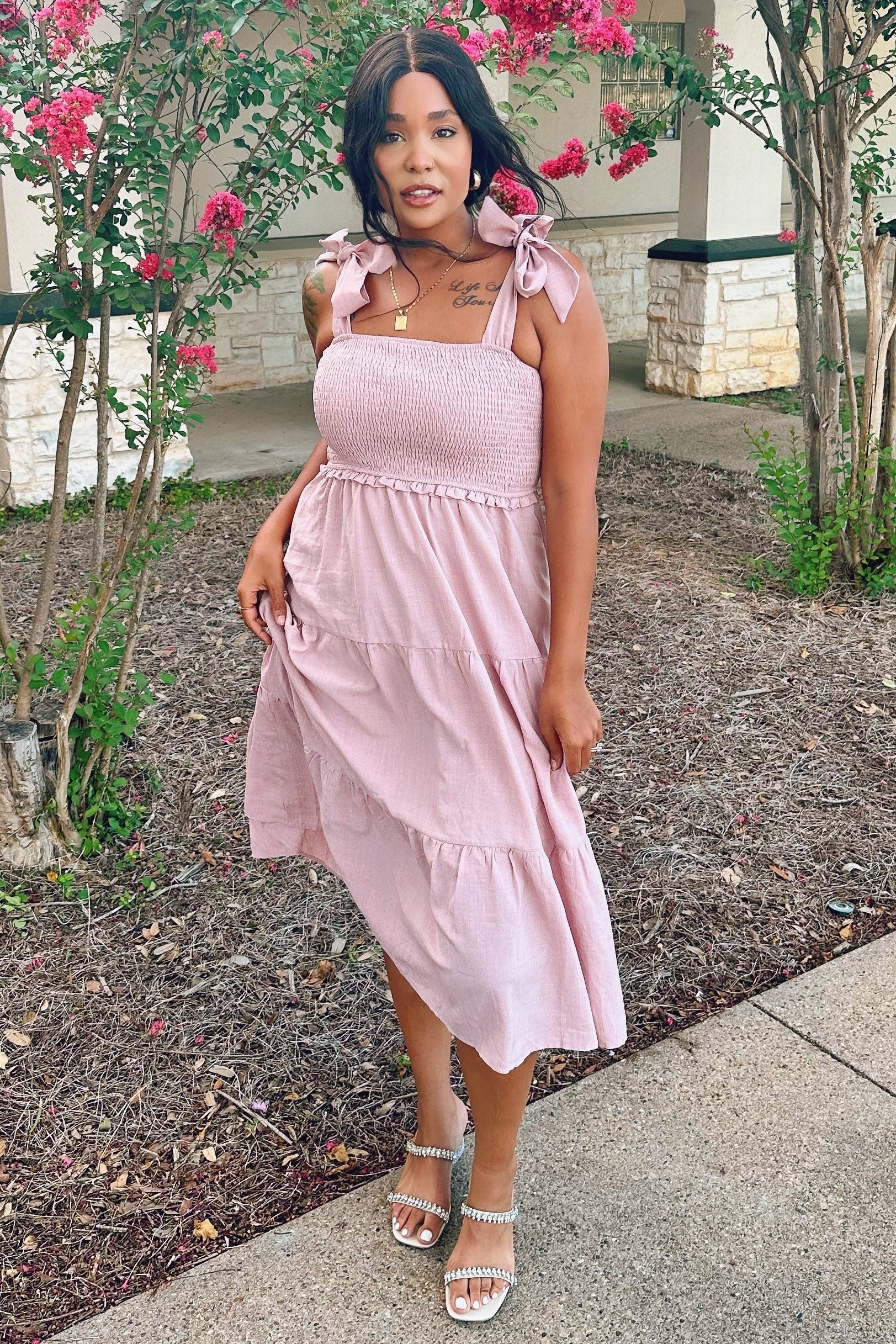 PinkBlush Mauve Bow Strap Tiered Midi Dress