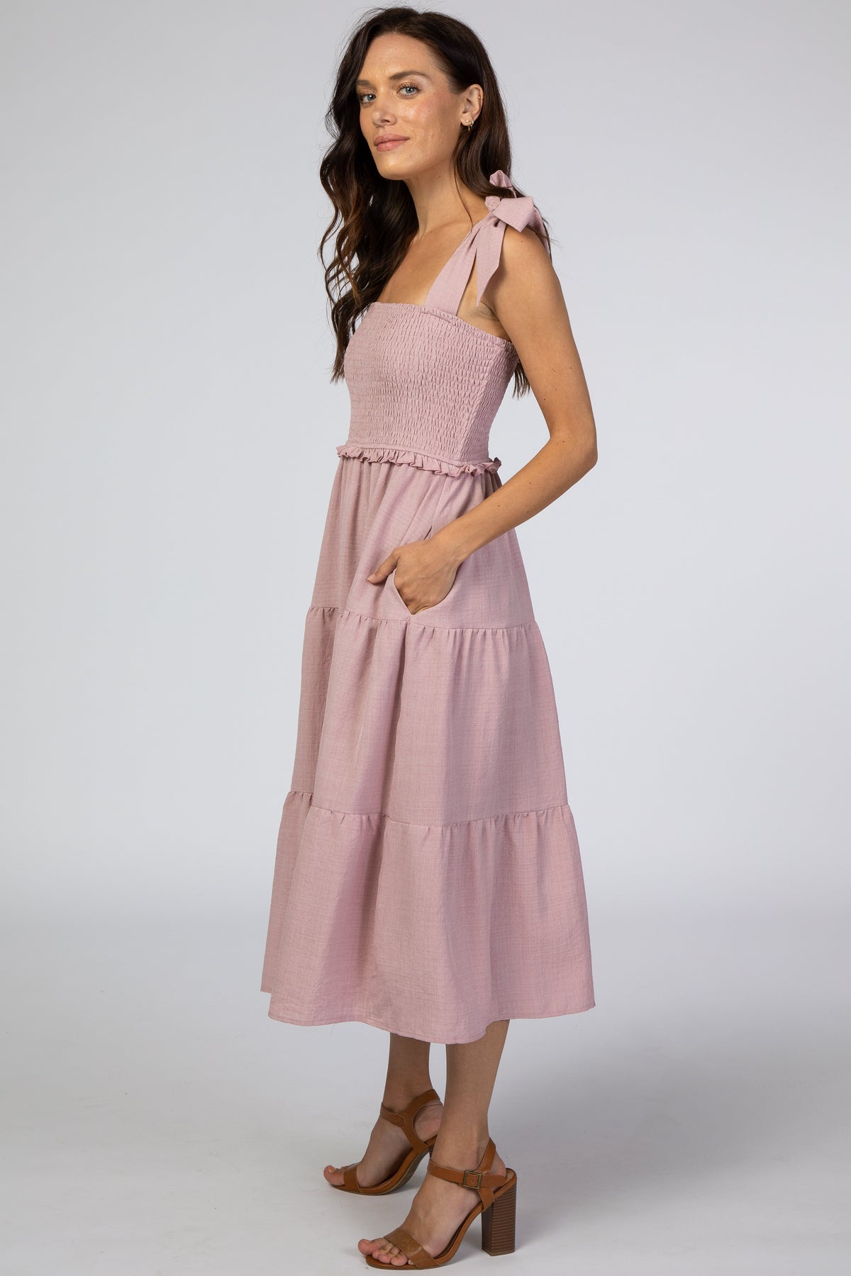 PinkBlush Mauve Bow Strap Tiered Midi Dress