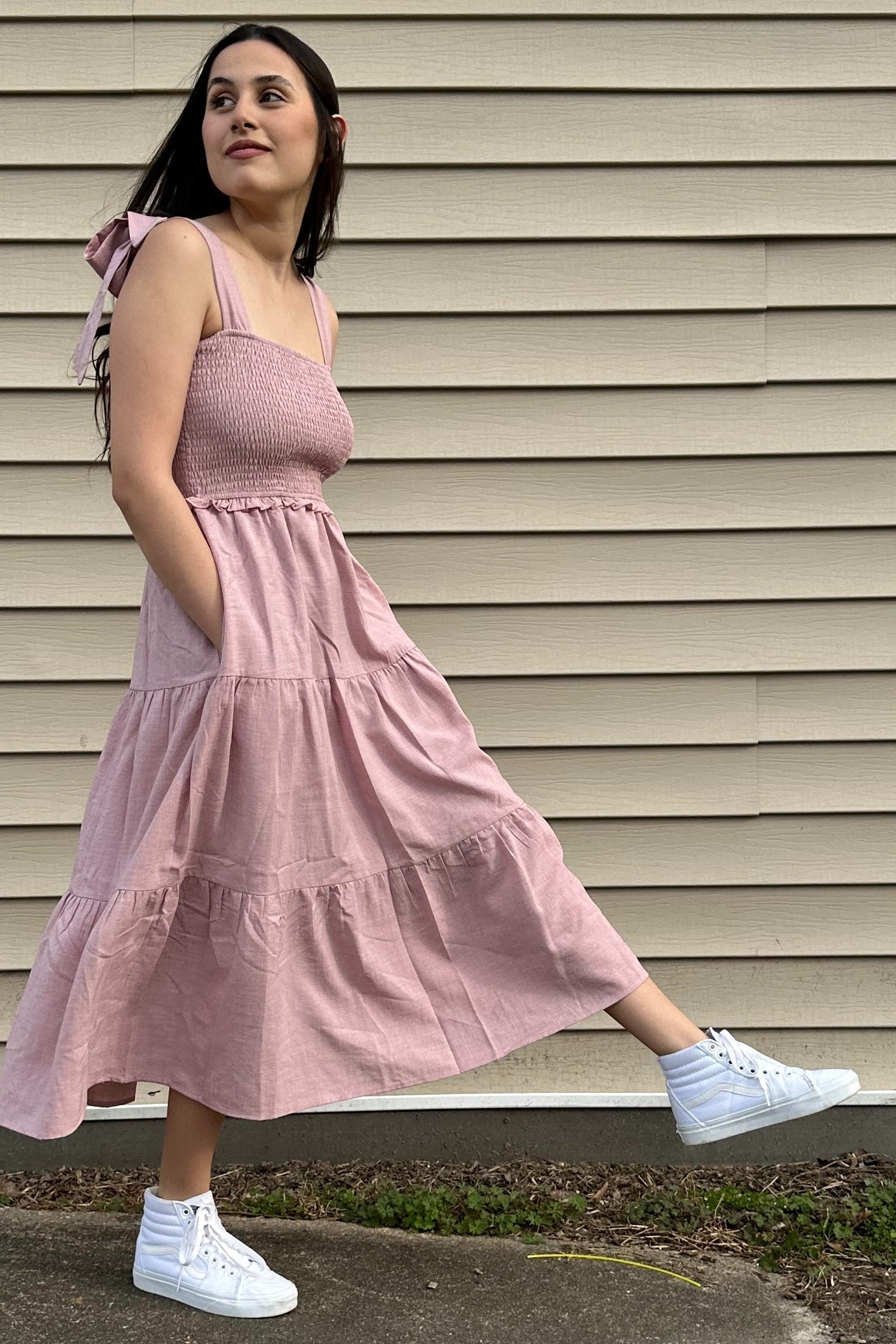 PinkBlush Mauve Bow Strap Tiered Midi Dress