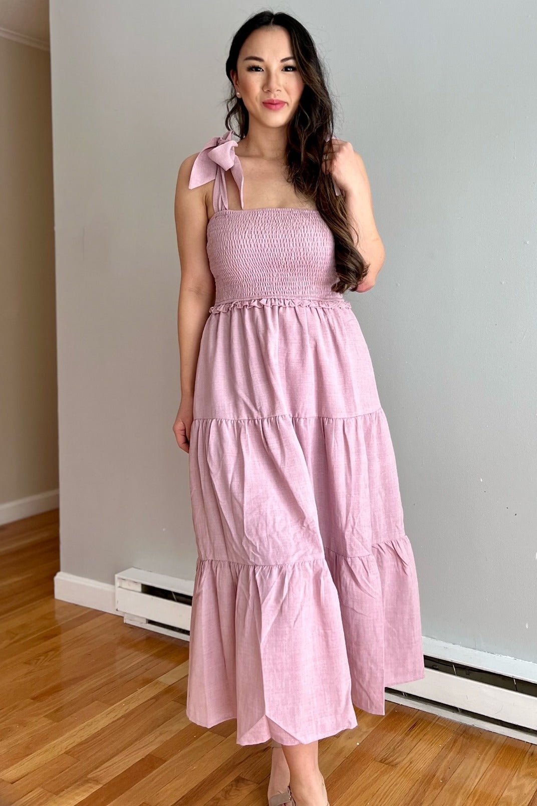 PinkBlush Mauve Bow Strap Tiered Midi Dress