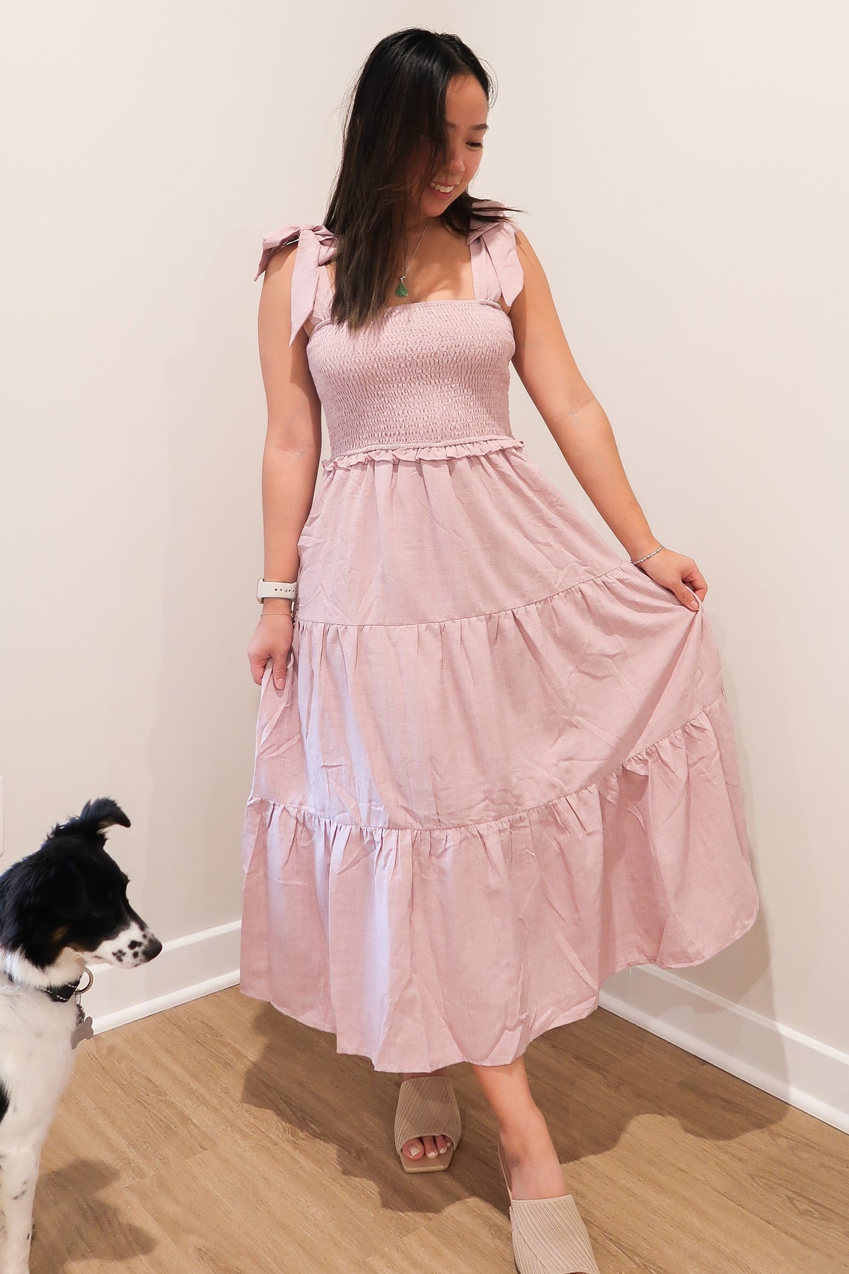 PinkBlush Mauve Bow Strap Tiered Midi Dress