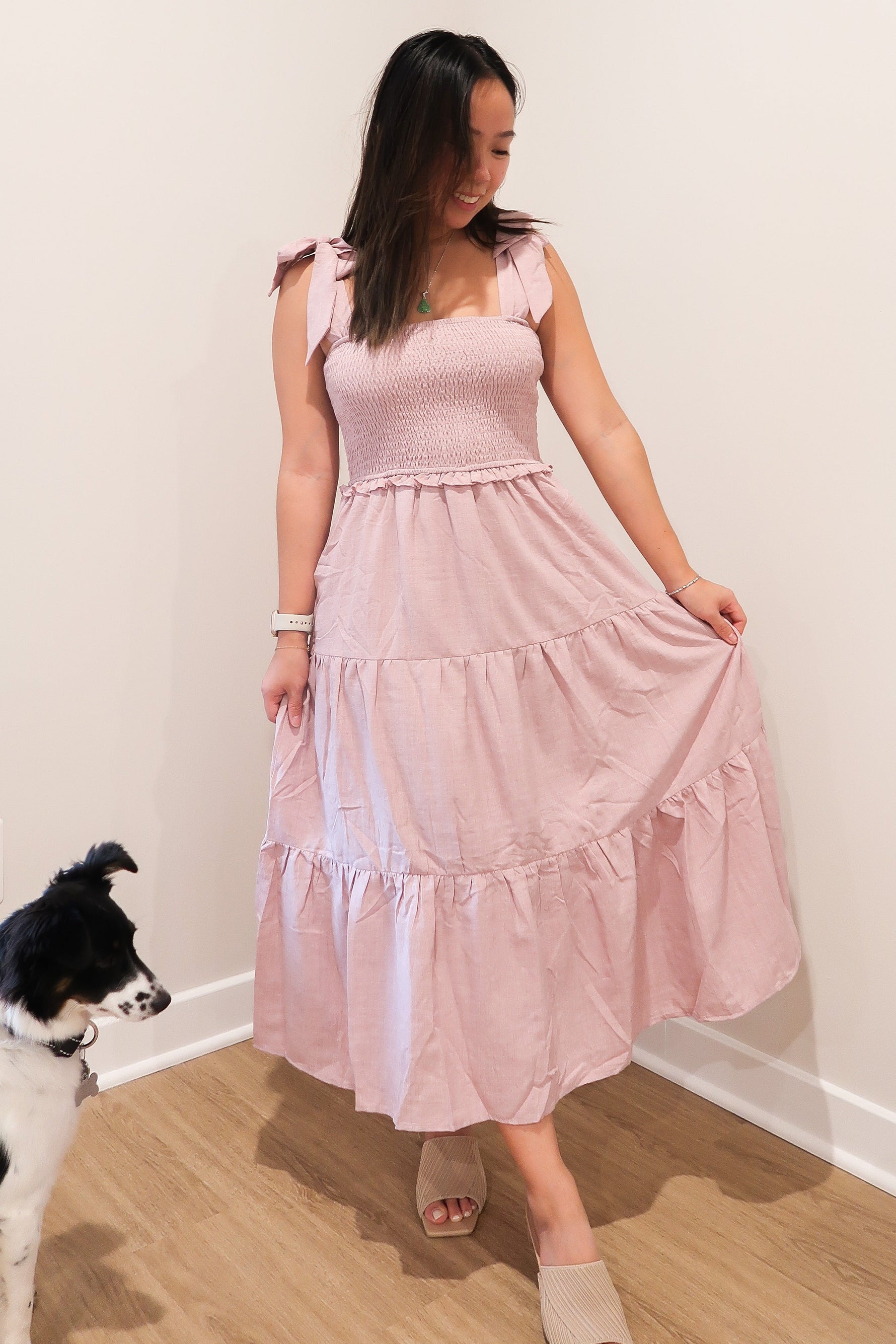 PinkBlush Mauve Bow Strap Tiered Midi Dress