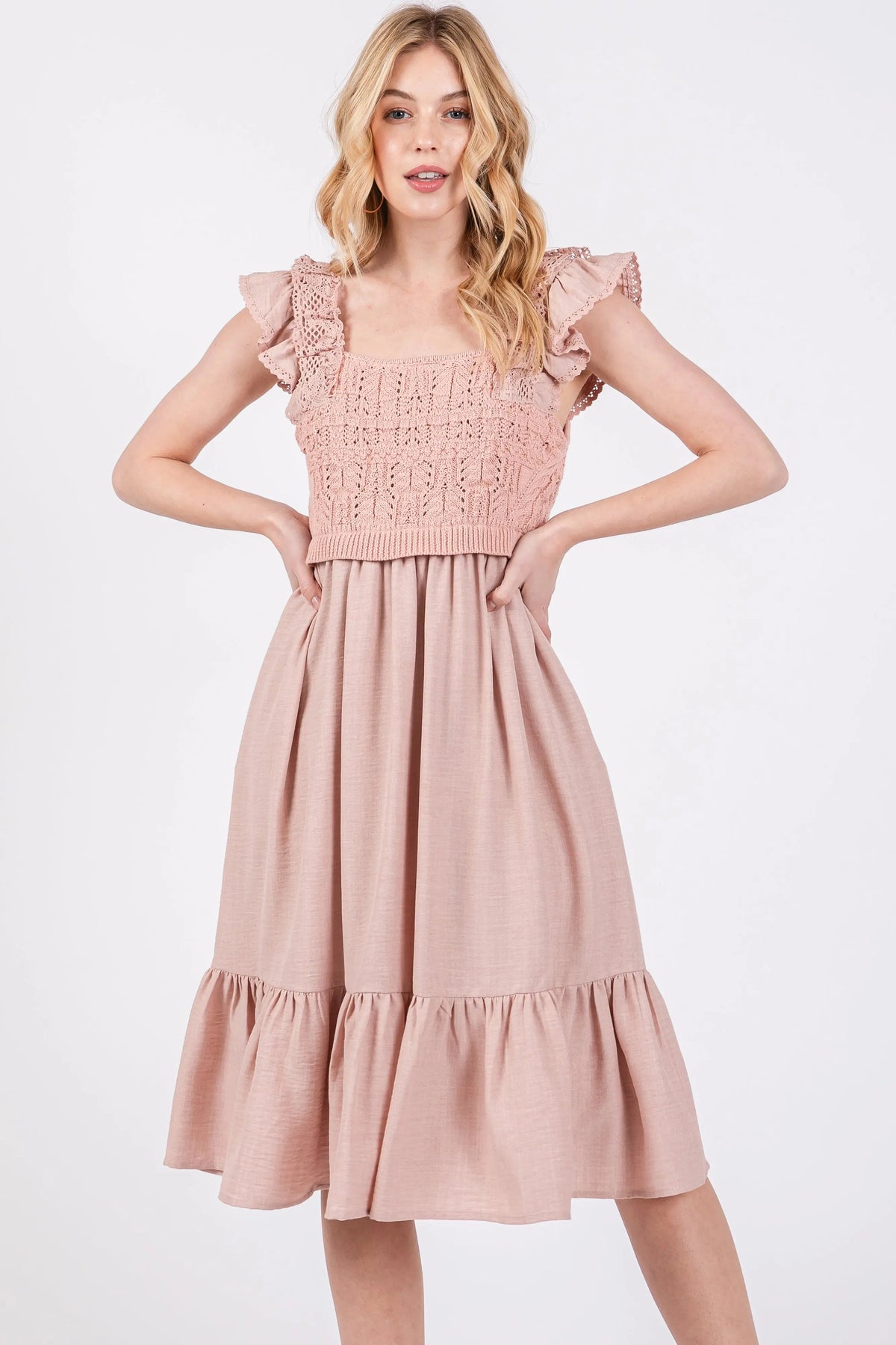 PinkBlush Mauve Crochet Knit Knee Length Dress - 