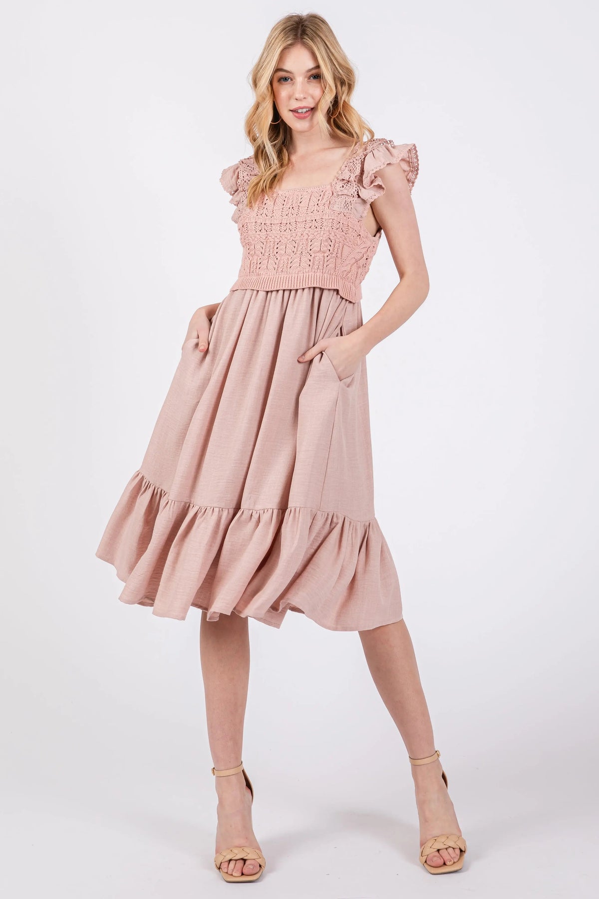 PinkBlush Mauve Crochet Knit Knee Length Dress - 