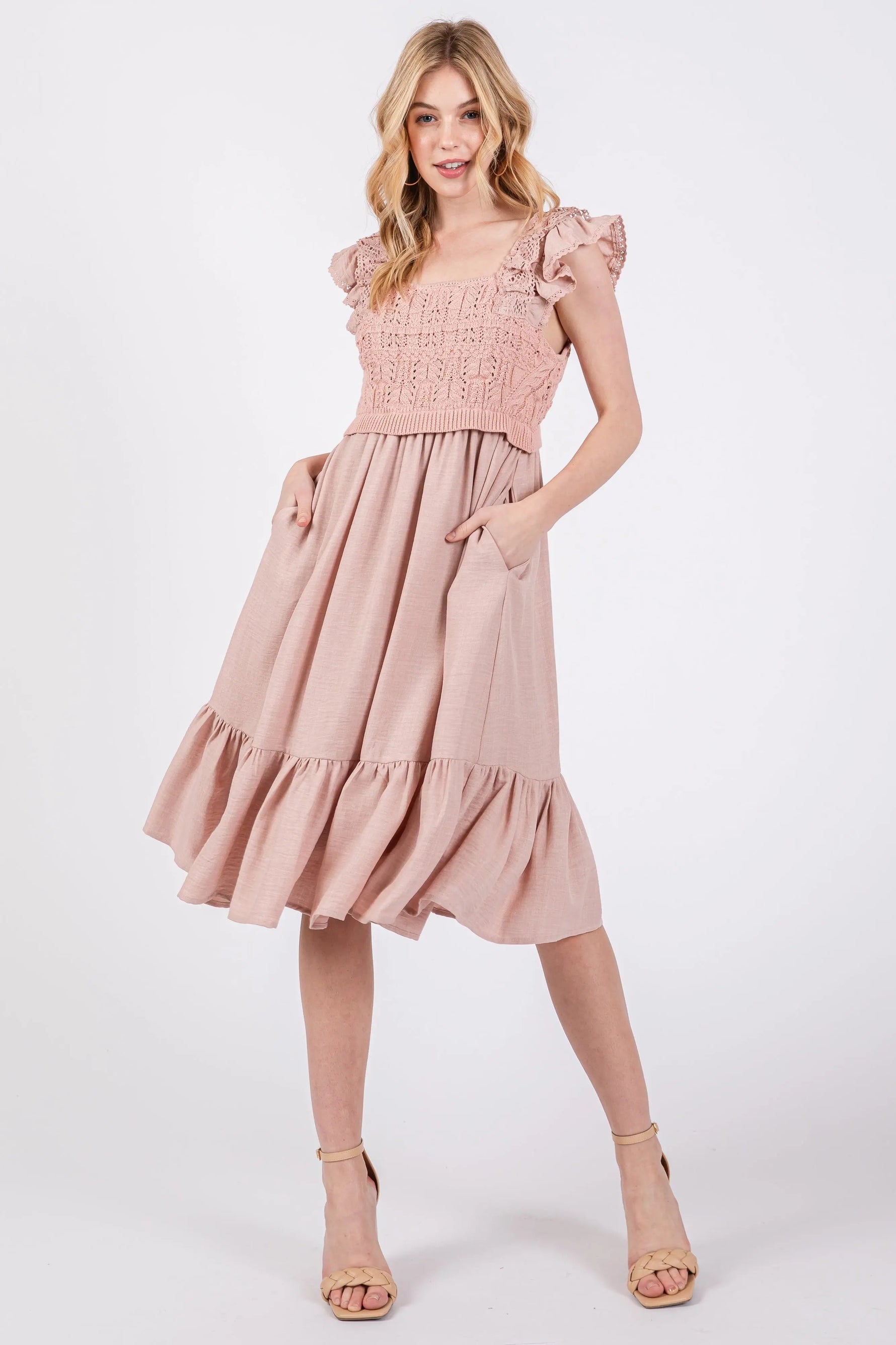 PinkBlush Mauve Crochet Knit Knee Length Dress - 