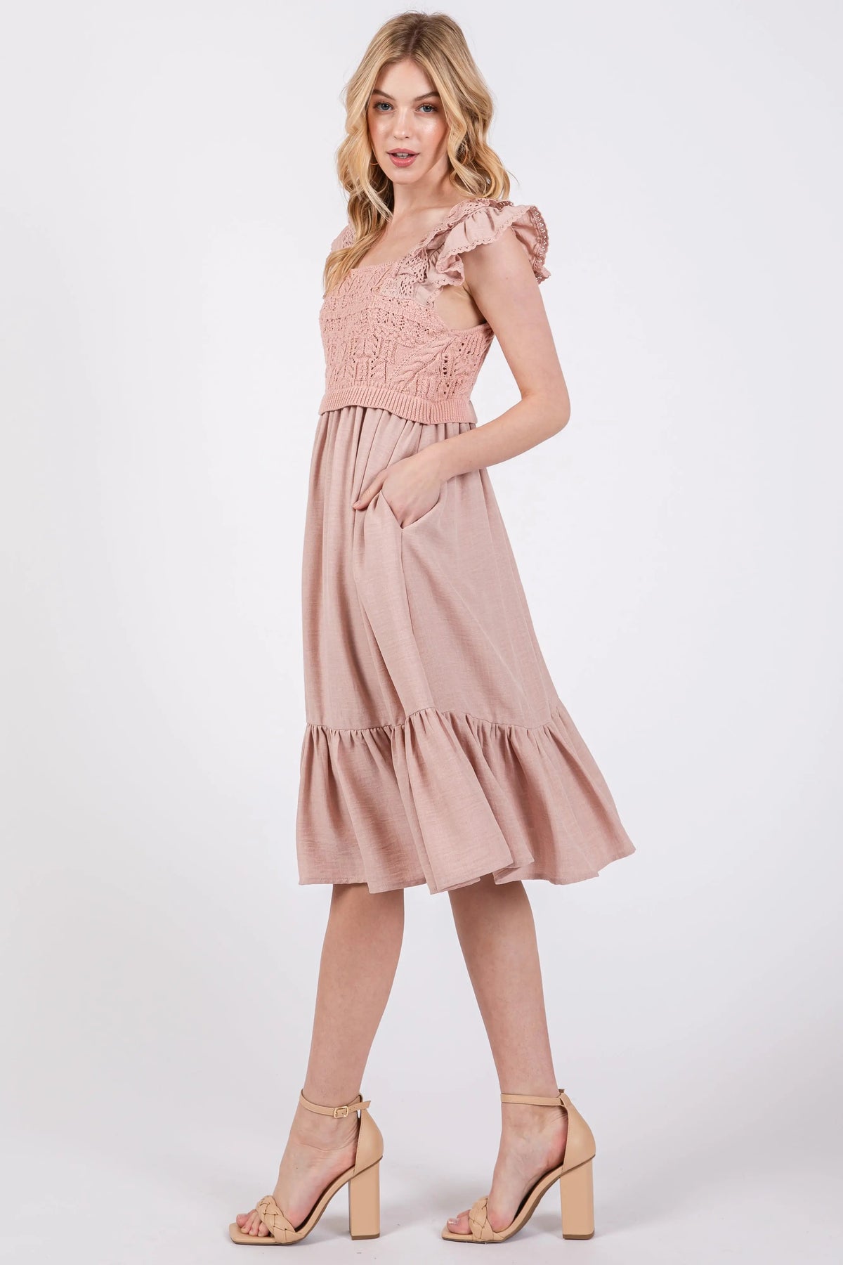 Mauve Crochet Knit Knee Length Dress - Day Dress, One-piece garment, Ruffle, Dress, Cocktail dress | Everetts Place
