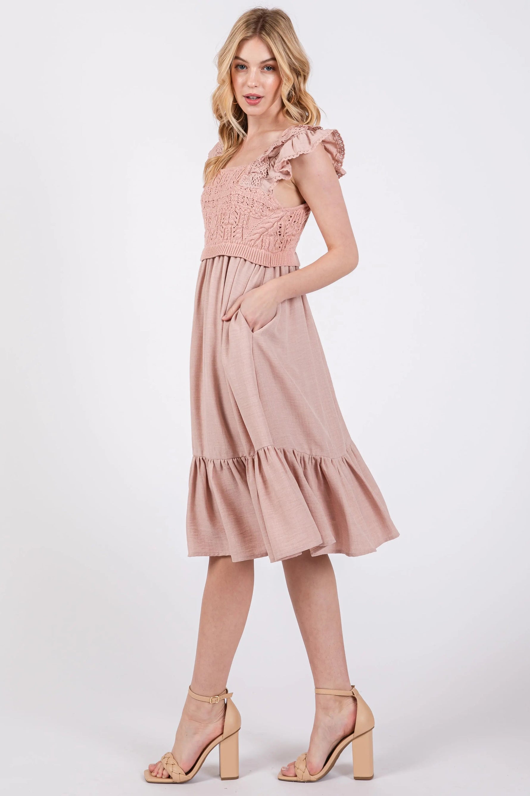Mauve Crochet Knit Knee Length Dress - Day Dress, One-piece garment, Ruffle, Dress, Cocktail dress | Everetts Place