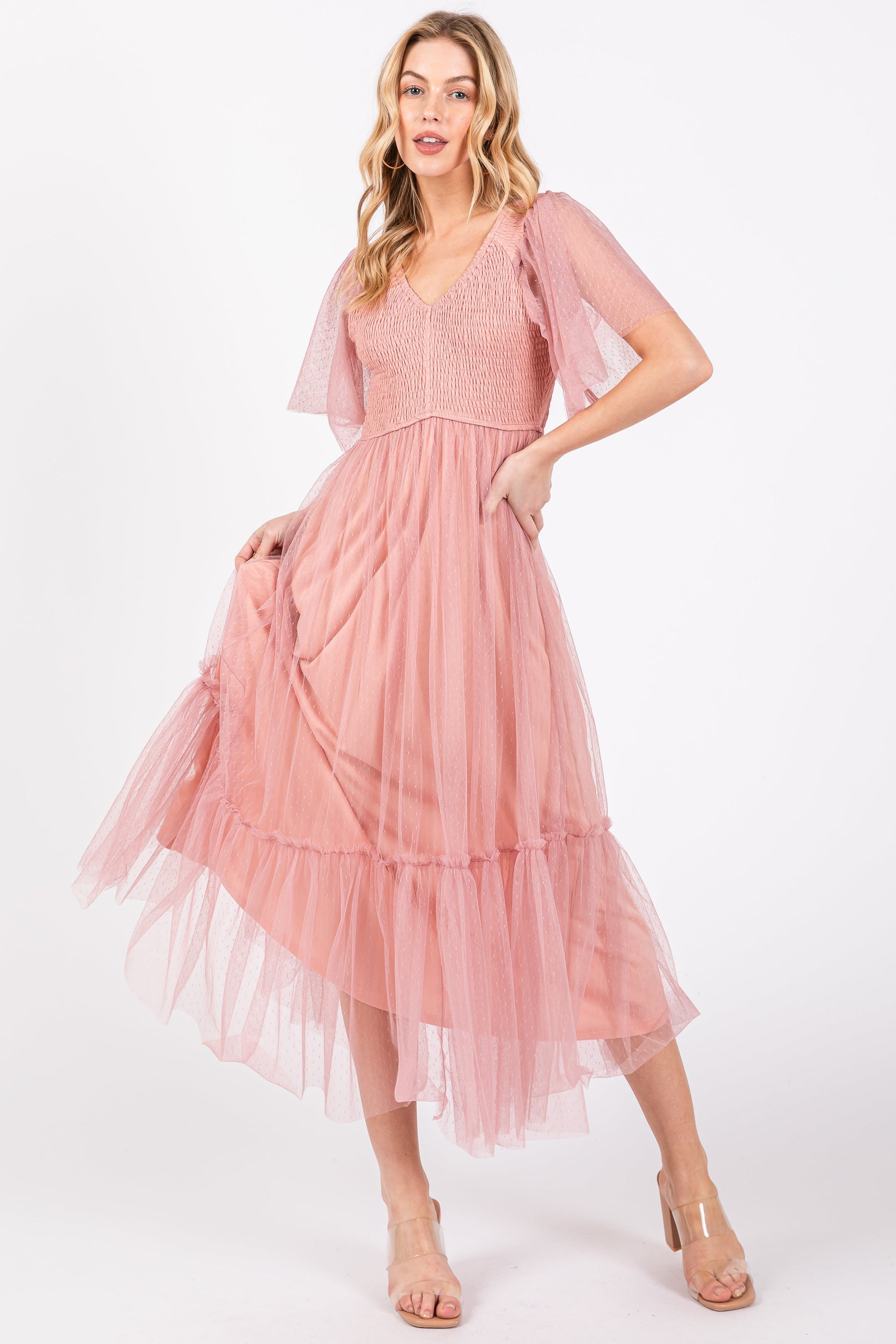 PinkBlush Mauve Dotted Tulle Smocked Maternity Midi Dress